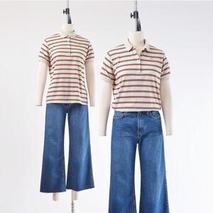 Vintage 80s Tan Striped Polo Shirt Short Sleeve Preppy T-shirt size M